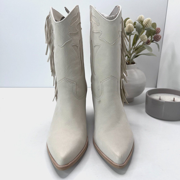 Dolce Vita Liona Leather Western Fringe Ankle Boots Pull On Cream Women's 10 NWD - Picture 2 of 9
